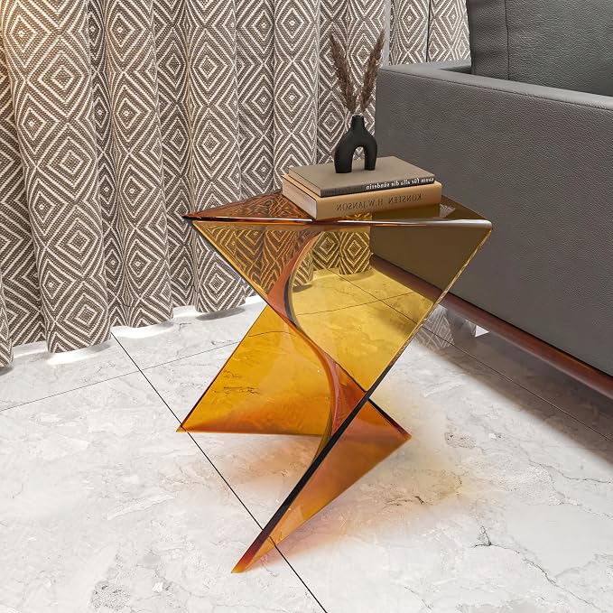 LeisureMod 15.75" Triangular Side Table, Stackable Plastic Accent End Table for Indoor & Outdoor Use, Weather-Resistant Modern Patio & Living Room Table, Set of 2, Tea (Transparent)