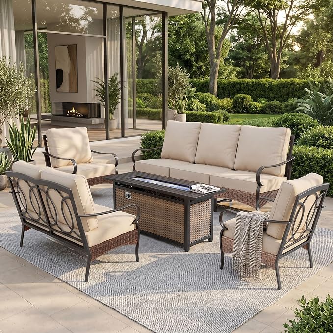 Sophia & William Patio Furniture Set with Fire Pit Table, 5 PCS Metal Outdoor Conversation Set with Fire Pit Table, 2 Sofa Chairs,1 Loveseat, 3-Seater Couch for Outdoor Seating, Backyard, Porch(Beige)