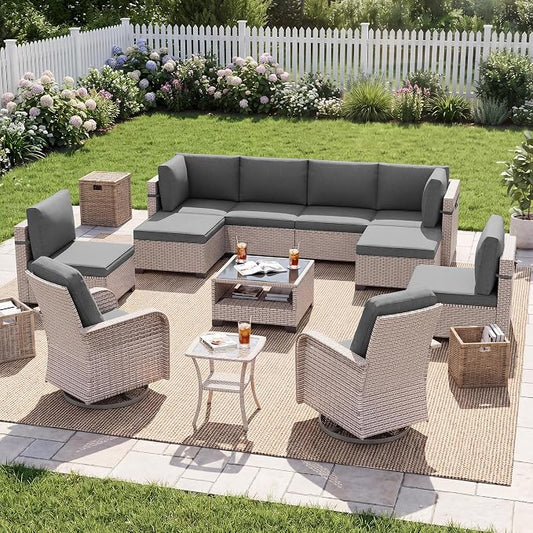 Patio Furniture Set, 12-Piece Outdoor Sectional Sofa with Swivel Rocker Chairs & Ottomans, Wicker Patio Conversation Set with Coffee Table, Gray Cushions