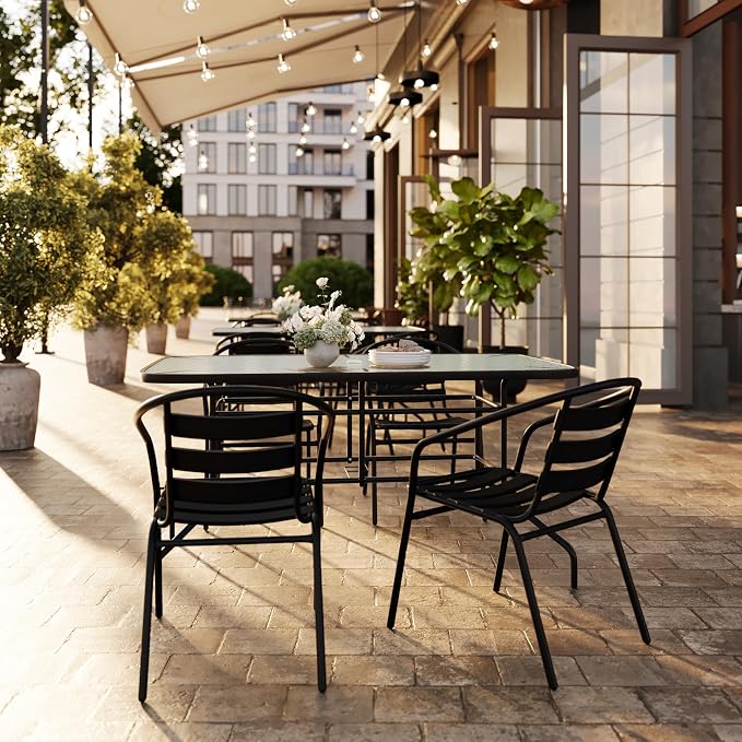 Flash Furniture Lila 5 Piece Patio Dining Set - 55" Tempered Glass Patio Table with Umbrella Hole - 4 Black Metal Aluminum Slat Stack Chairs