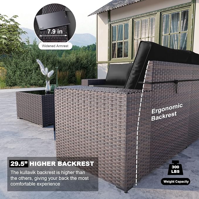 Kullavik 13PCS Outdoor Patio Furniture Set with 43" 55000BTU Gas Propane Fire Pit Table PE Wicker Rattan Sectional Sofa Patio Conversation Sets,Black