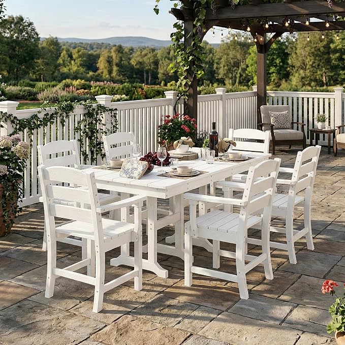 HOPUBUY 7 Pieces Patio Dining Set for 6, 71" HDPE All-Weather Patio Table and Chairs Set with Umbrella Hole, Durable Outdoor Furniture Set for Garden, Backyard, Lawn & Poolside (White)