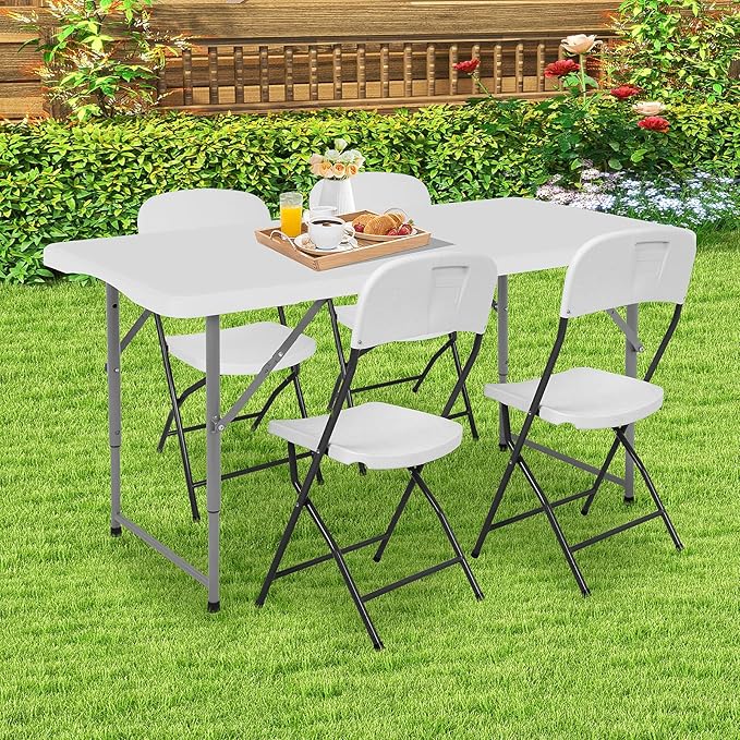 4ft Folding Table and Chairs, Outdoor Folding Chairs Set of 4, Foldable Table with Handle, Tables and Chairs for Parties, Picnic, Event, Indoor Outdoor Activities, at Home and Commercial Use, White