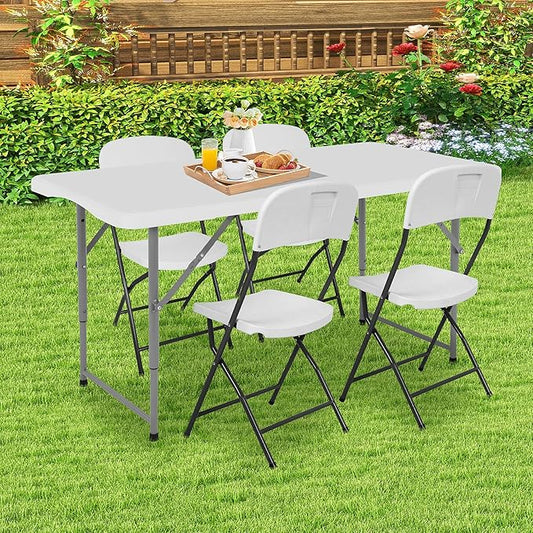 4ft Folding Table and Chairs, Outdoor Folding Chairs Set of 4, Foldable Table with Handle, Tables and Chairs for Parties, Picnic, Event, Indoor Outdoor Activities, at Home and Commercial Use, White