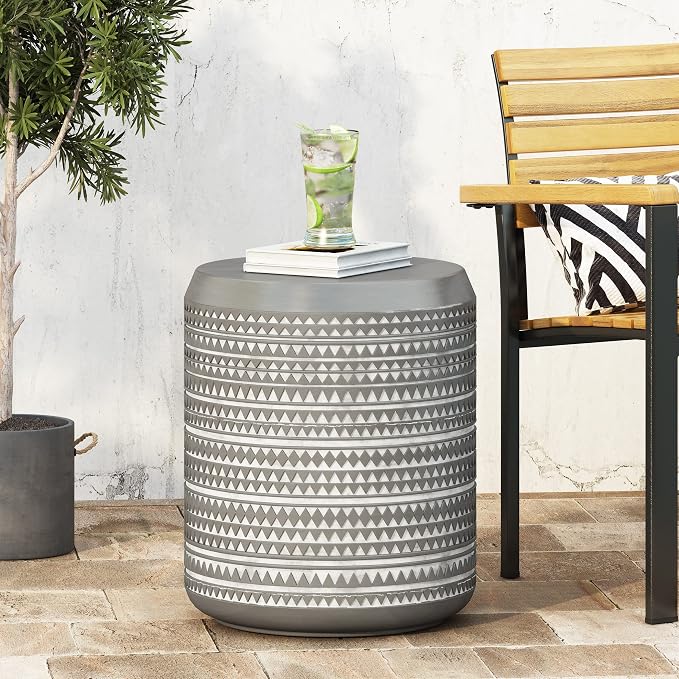 Outdoor Side Table 15.5" Cylindrical Shape Lightweight Concrete-Look Outdoor Indoor Accent Table Decorative Garden Stools, for Patio Porch Living Room, Grey