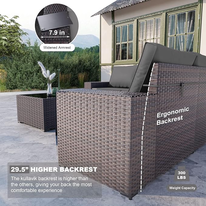 Kullavik 9 Pieces Outdoor Patio Furniture Set,PE Wicker Rattan Sectional Sofa Patio Conversation Sets with Tempered Glass Table,Swivel Rocking Chairs Set,Grey
