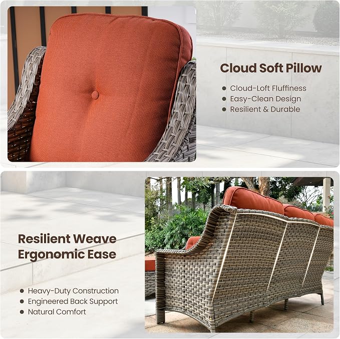 5 PCS Patio Conversation Set, All-Weather Rattan Wicker Outdoor Patio Furniture Sets with High Back Swivel Rocker Chair, Solar Light Coffee Table for Porch,Backyard,Balcony,Orange