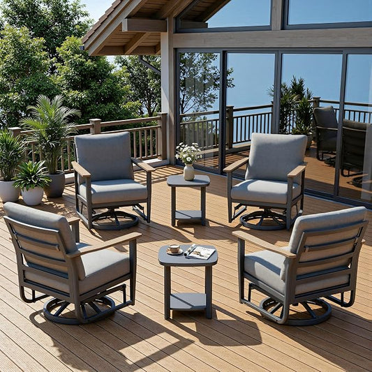 6-Piece Patio Rocking Swivel Chair Outdoor Aluminum Bistro Set with Coffee Table, Outdoor Patio Furniture Set with High Backrest & Thickened Cushions for Garden, Deck and Balcony, Grey