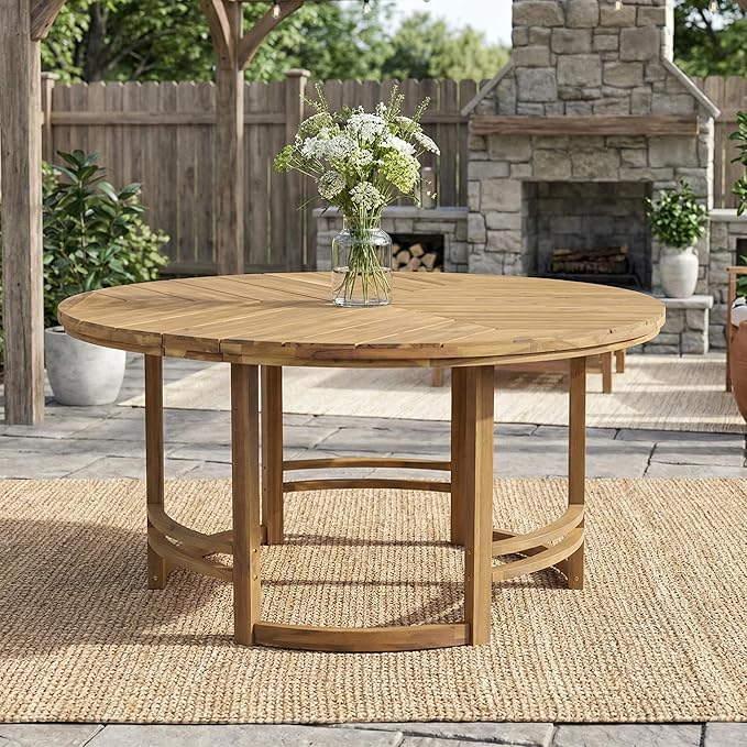 WILLIAMSPACE 59.1" Round Acacia Wood Outdoor Patio Table with Umbrella Hole, Light Teak