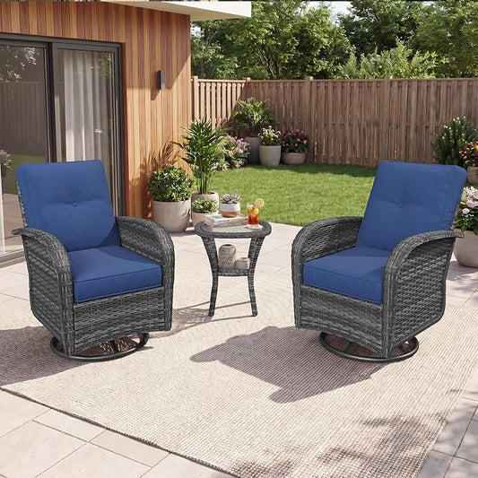 Aoxun 3 Piece Outdoor Patio Furniture Set with Side Table, Outdoor Patio Furniture Sets with High Back Swivel Rocker Chairs, Outdoor Sofa Set with Ottoman for Backyard & Garden, Navy Blue