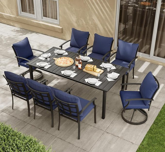 HAPPATIO 9-Piece Patio Dining Set, Outdoor Dining Set with Powder-Coated Metal, Dining Table with Umbrella Hole, 6 Stackable and 2 Swivel Chairs with Removable Cushions for Porch Pool Garden,Navy Blue