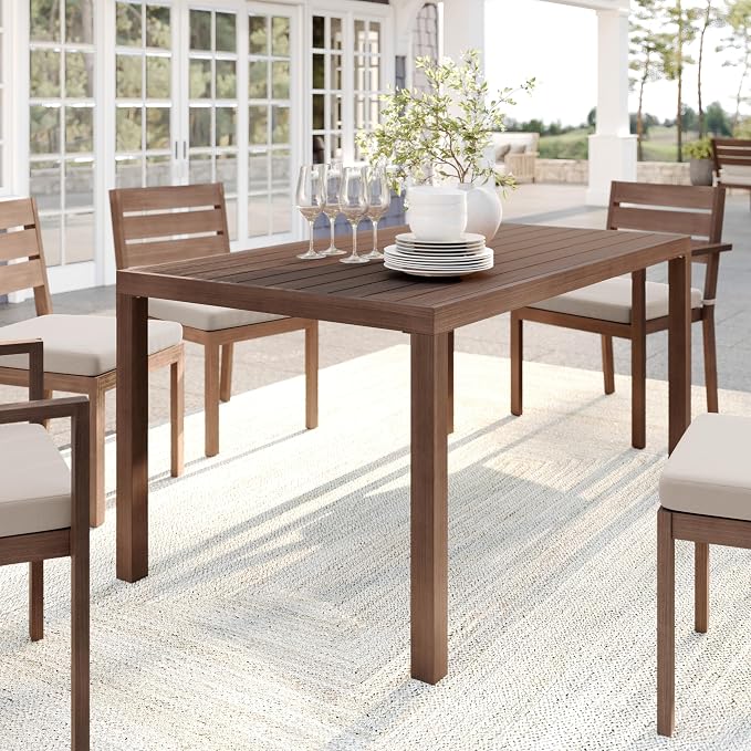 Martha Stewart Bedford 62" Indoor-Outdoor Aluminum Patio Table with Umbrella Hole and Brushed Woodgrain Finish in Brown