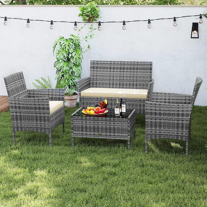 RELAX4LIFE 4-Piece Patio Furniture Set - Rattan Outdoor Conversation Bistro Set w/Cushions, Glass Coffee Table, Wicker Chairs & Loveseat for Garden Backyard Porch Balcony (1, Mix Grey-Beige)