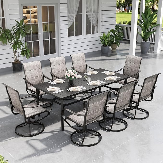 Sophia & William Patio Dining Set for 8 w/Metal Table & Swivel Chairs | High-back & Padded, Rectangle, Umbrella Hole, Ergonomic design, Weather-resistant, Outdoor backyard deck, Brown