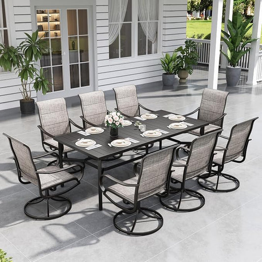 Sophia & William Patio Dining Set for 8 w/Metal Table & Swivel Chairs | High-back & Padded, Rectangle, Umbrella Hole, Ergonomic design, Weather-resistant, Outdoor backyard deck, Brown