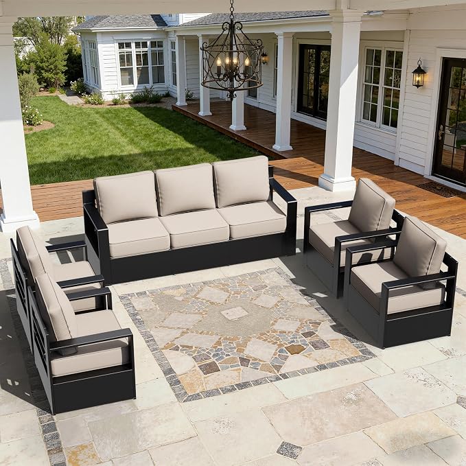 Outdoor Aluminum Furniture Set, 5-Piece Patio Conversation Set, 4 Chairs and 1 Sofa, All-Weather Metal Frame, 6" Thick Removable Cushions, Deep Setting for Garden, Poolside and Porch