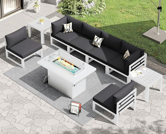 RADIATA 9 Piece Modern Aluminum Patio Furniture Set with Fire Pit Table & Side Table, 500 lbs Heavy Duty Outdoor Sectional Sofa, 29" Deep Wide Oversize Seating Conversation Couch for Garden, Dark Gray
