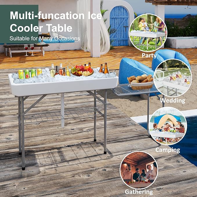 Ice Cooler Table with Foldable Extension Stand, 4 Foot Outdoor Ice Table with Matching Skirt & Drain Hose, Folding Cooler Server with Metal Shelf for Party, BBQ, Camping Picnic, White