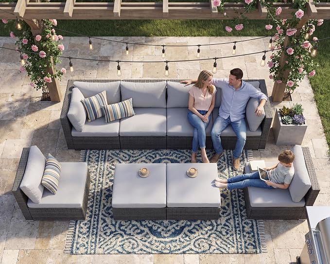 NICESOUL 8 Person Outdoor Patio Furniture Set, Extra Large Wicker Sectional Sofa with Ottoman, All-Weather Wide and Deep Seating Conversations for Outside Garden, 29.3'' High Back Comfy Couches,Grey