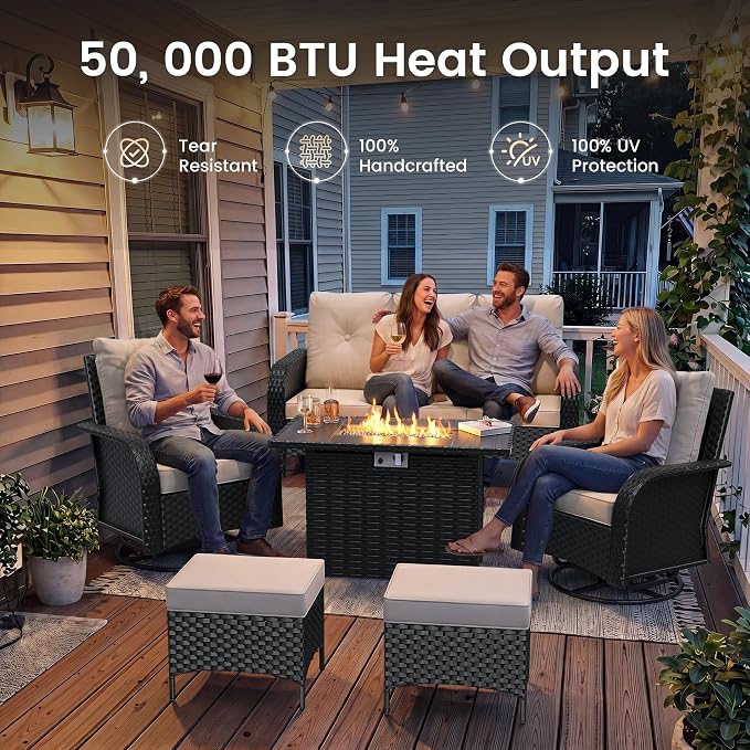 UDPATIO Patio Furniture Set with 44" Fire Pit Table, High Back 4 Swivel Rocker Chairs, Wicker Outdoor Conversation Sets with Thick Cushions & Ottoman, for Garden, Porch