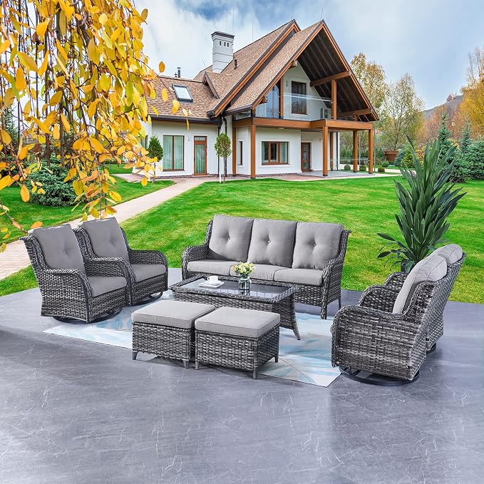 Rilyson Wicker Patio Furniture Set - 8 Piece Rattan Outdoor Sectional Conversation Sets with 4 Swivel Rocking Chairs,2 Ottomans,1 Sofa and 1 Coffee Table for Porch Deck Garden(Mixed Grey/Grey)