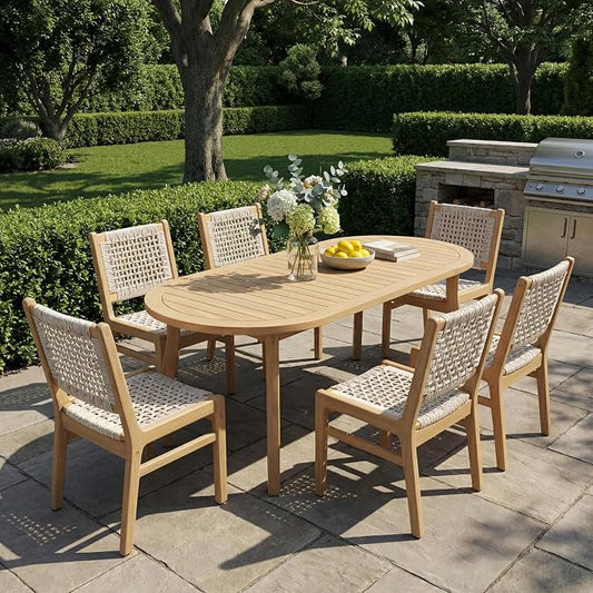 Christopher Knight Home Chuse Acacia Wood Dining Table Set for 6, Solid Wood Outdoor Dining Set for 6, 7 Piece Oval Patio Dining Table and Chair Set with Wicker Seat & Back, Light Gray + Light Teak