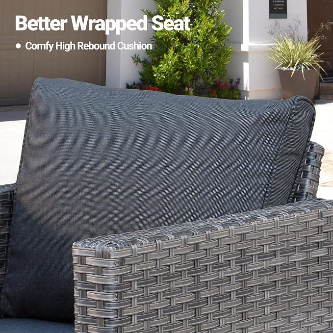ovios 6 Pieces Patio Furniture Set, Outdoor Wicker Rattan Sofa Couch with Glass Table, Chairs, Comfy Cushions, Conversation Sets for Porch Deck Garden, Black