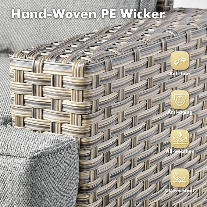 8-Piece Wicker Outdoor Sectional Furniture, Wide Armrest Patio Couch with Swivel Rocking Chair Ottoman Solar Table, Modular Sofa Rattan Conversation Sets for Backyard Deck Garden, Dark Gray
