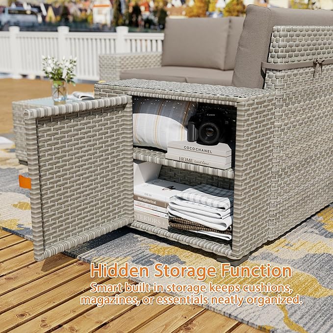 7 Piece Patio Furniture Set, 8" Wide Arm Sectional Sofa Set with 50000 BTU Propane Fire Pit Table & Coffee Table, Rattan Outdoor Conversation Set for Garden, Porch, Lawn, Khaki