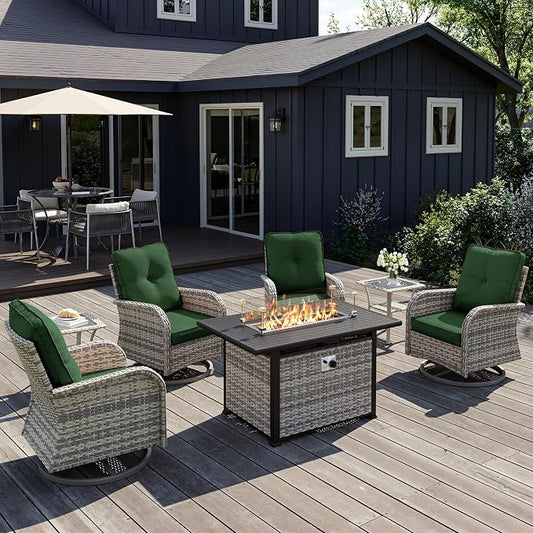 7Pcs Patio Rocking Swivel Chair with 55,000 BTU Fire Pit Table Outdoor Wicker Rattan Bistro Set with Tempered Glass Side Table, Outdoor Patio Furniture Set for Garden and Balcony, Green