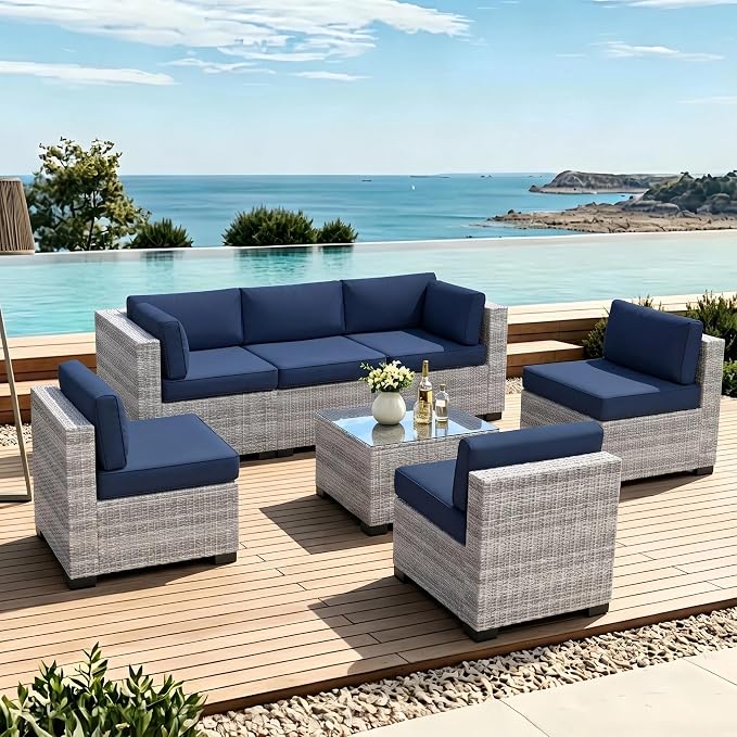 SHGJ&SOFT 4pcs Patio Furniture Set, Outdoor Loveseat Couch, Waterproof Rattan Sofa with Storage,Patio Couch Sets Wicker Furniture for Porch,Balcony (Grey&Blue, 7pcs)