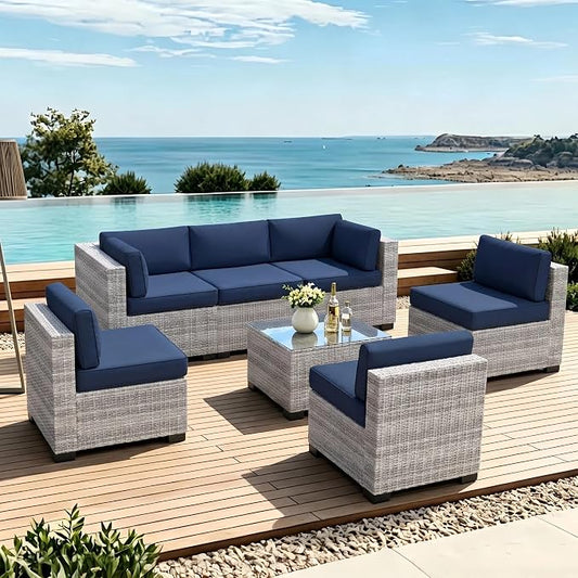 SHGJ&SOFT 4pcs Patio Furniture Set, Outdoor Loveseat Couch, Waterproof Rattan Sofa with Storage,Patio Couch Sets Wicker Furniture for Porch,Balcony (Grey&Blue, 7pcs)