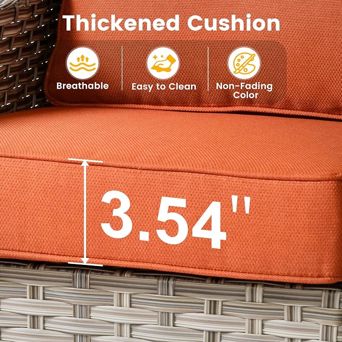 11 Pieces Patio Sectional Furniture Set, Outdoor Wicker Sectional Couch with Firepit Swivel Rocker Chairs Solar Lights Table, Modern Conversation Set for Porch Balcony Backyard, Orange