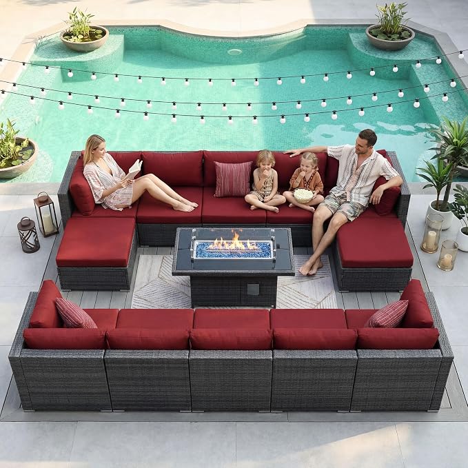 NICESOUL Backyard Furniture Set with Firepits Natural Gas/Propane, 12 Seater XL Oversized Wicker Sectional Couches, 29.3'' High Back Comfy Deep Wide Outdoor Patio Sofa Set, 2 Color Cushion Red & Gray