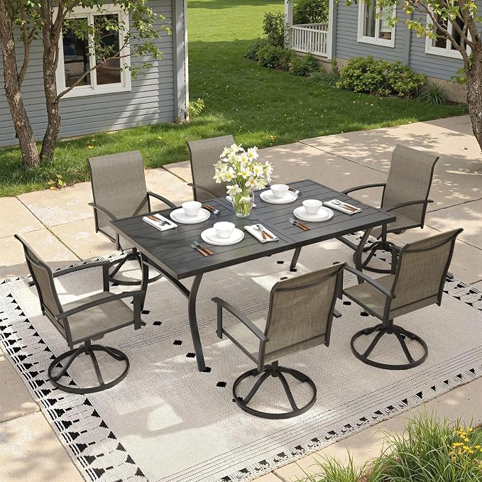 7 Pieces Patio Dining Set, Outdoor Furniture of 70.9" Rectangular Patio Table and Patio Swivel Chairs for Backyard Lawn Garden, Black Table and Mixed Brown Chairs