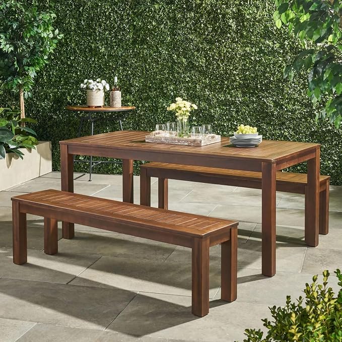 roomfitters 3-Piece Outdoor Courtyard Dining Set, Solid Wood Slatted Table and 2 Benches for Patio Garden, Dark Brown