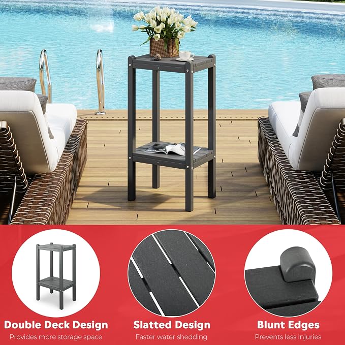 Costaelm Outdoor Side Table, 2-Tier Small Patio Coffee Tables for Outside, Outdoor End Tables for Patio, Adirondack Side Table for Outside, Outside Table for Pool, Porch, Garden, Teak