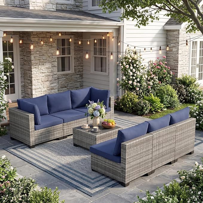 ANJ 7 Piece Outdoor Wicker Patio Furniture Set, Modular Loveseat Sofa with with Glass Top Coffee Table, All-Weather Rattan Conversation Couch Set for Balcony, Backyard, Light Grey Wicker-Blue