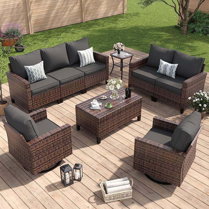 Amopatio Patio Furniture Set, Wicker Outdoor Sectional Sofa with Swivel Rocker Chairs, All-Weather Rattan Conversation Set, Storage Coffee Table, Waterproof Cover for Backyard, Deck Brown/Grey 6 PCS