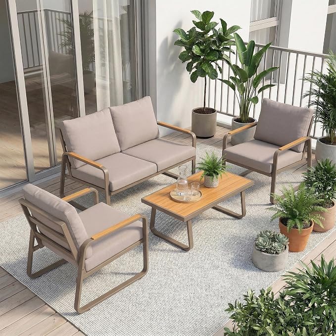 Outsunny 4 Piece Patio Furniture Set, Outdoor Conversation Set with Loveseat, 2 Armchairs, Coffee Table and Cushions, Garden Furniture with Metal Frame for Poolside Porch, Brown