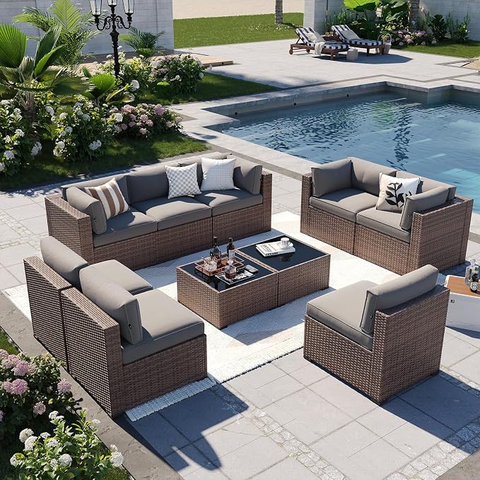 Aoxun Patio Furniture Sets, 10-Piece Outdoor Patio Furniture with Thick Cushions, Wicker Outdoor Conversation Set Sectional Sofa for Backyard, Poolside, Garden