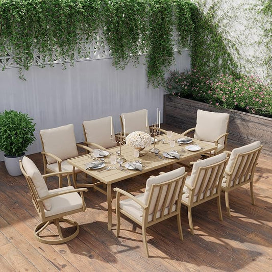 HAPPATIO Aluminum 9 Piece Patio Dining Sets, Outdoor Dining Set for 8, Patio Furniture Sets, 2 Swivel Dining Chairs, 6 Dining Chairs, Aluminum Furniture Set for Patio, Yard (Beige)
