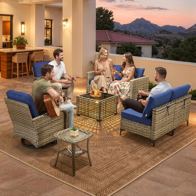 CAODOC Outdoor Sectional Patio Furniture Set,8 Pieces Wicker Conversation Sets L Shaped Couch,Out Door Sofa Outside Furniture with Swivel Chairs,Blue