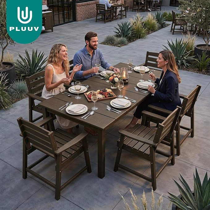 PLUUV 7-Piece Outdoor Patio Dining Set, All-Weather HDPE Dining Furniture Set with Umbrella Hole Cut-Out Table, Aluminum Table Legs, and 6 Chairs, Waterproof & Easy Clean for Backyard, Garden, Coffee