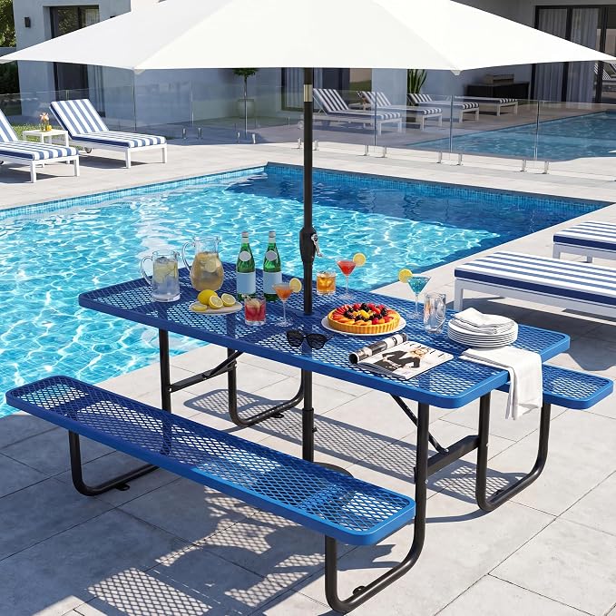 72" Outdoor Rectangular Picnic Table with Umbrella Hole, Heavy Duty Commercial Grade Steel Camping Table for Backyard Patio Deck, Weather-Resistant Blue Metal Mesh