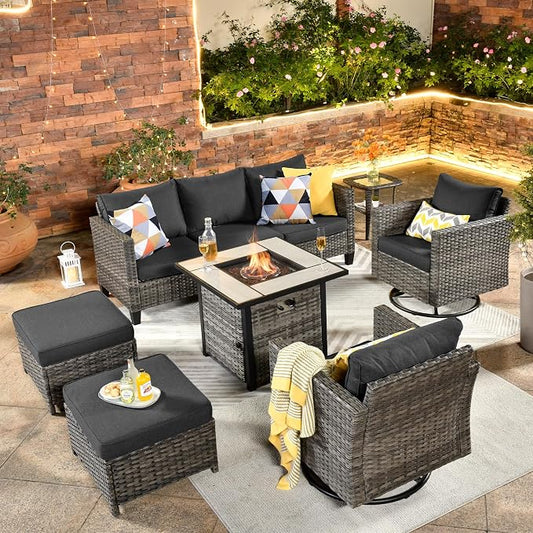 ovios 7 Pieces Patio Furniture Set with Square Fire Pit Table, Swivel Rocking Chairs, Outdoor High Back Wicker Rattan Conversation Set for Deck Porch, Black