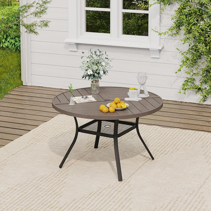 VICLLAX Round Outdoor Patio Dining Set for 4, Metal Slatted Patio Table with Umbrella Hole and 4 Stackable Patio Chairs for Deck Lawn Garden, Grey Fabric and Antique Grey Tabletop