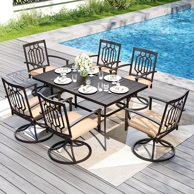 PHI VILLA 7 Pcs Patio Dining Set for 6& Swivel Chairs | Rectangular Dining Table and 6 Swivel Patio Dining Chairs w/ cushions for Outdoor Backyard Bistro Furniture Set