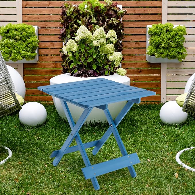 Foldable Solid Wood Side Table, Space Saving Outdoor Square Folding Patio Snack End Table, Fully Assembled Quick Fold Side Tables for Camping, Picnic, Backyard (Blue)