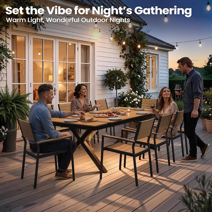 Pellebant 94" Outdoor Dining Table with LED Lights, 8-10 Person Aluminum Patio Table with Umbrella Hole, Sturdy Frame & 8ft Wood Grain Tabletop for Deck, Porch, Backyard